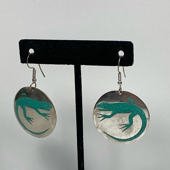 Alpaca Mexico Earrings Dangles Artisan Vintage Lizard Inlaid Turquoise - Picture 9 of 11